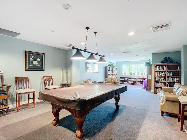 rec room with pool table, carpet flooring, visible vents, and recessed lighting