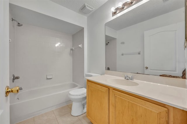 bathroom with visible vents, toilet, shower / bath combination, tile patterned floors, and vanity