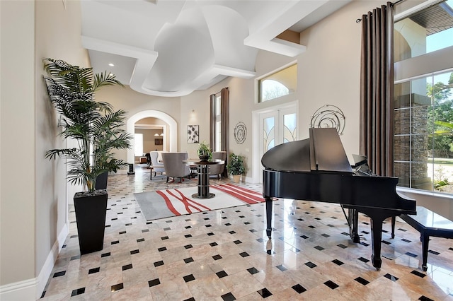 building lobby with a towering ceiling