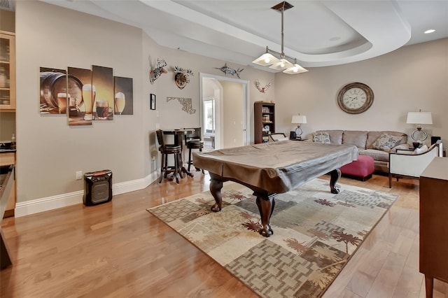 playroom featuring a raised ceiling, baseboards, light wood-style flooring, billiards, and recessed lighting