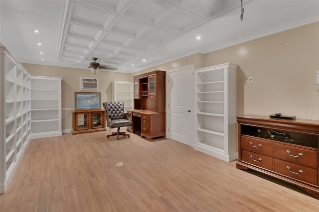 living area featuring ceiling fan, light wood-type flooring, recessed lighting, a wall mounted AC, and coffered ceiling