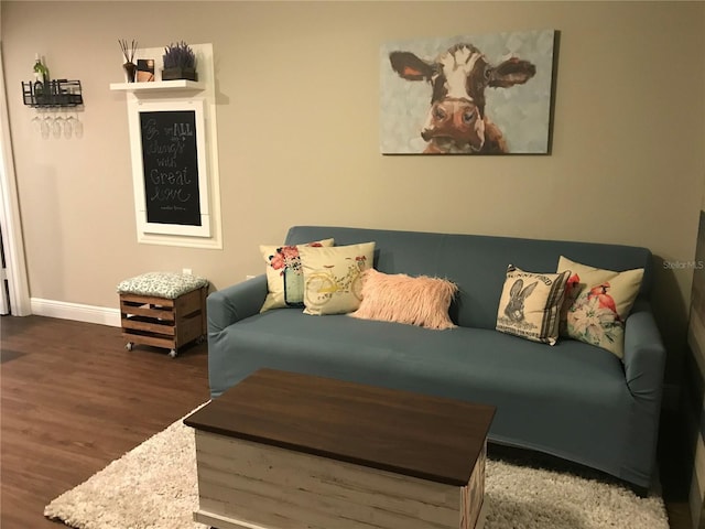 living area with baseboards and wood finished floors