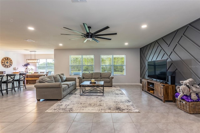 living room featuring light tile patterned floors, plenty of natural light, recessed lighting, and ceiling fan