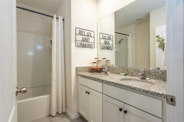 full bathroom with vanity, tile patterned flooring, shower / bath combo, and visible vents