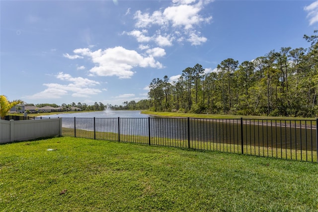 view of yard featuring a fenced backyard and a water view