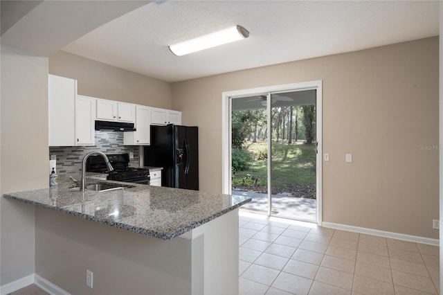 417 Victoria Hills Dr, Deland, FL 32724 - kitchen with black appliances, under cabinet range hood, a sink, light stone countertops, and backsplash