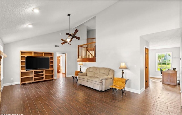 28 Shadowcreek Way, Ormond Beach, FL 32174 - living area featuring visible vents, stairs, wood finished floors, ceiling fan, and high vaulted ceiling