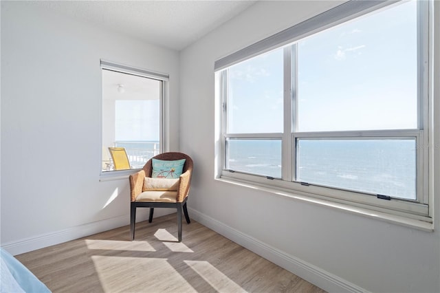 sitting room featuring baseboards, a healthy amount of sunlight, and light wood finished floors