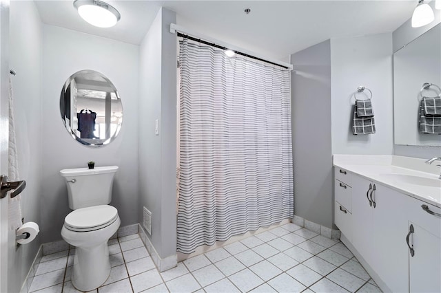 bathroom with visible vents, vanity, toilet, baseboards, and tile patterned floors