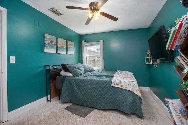 bedroom with a ceiling fan, baseboards, and visible vents