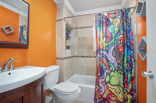 bathroom with vanity, ornamental molding, shower / bath combo, and toilet