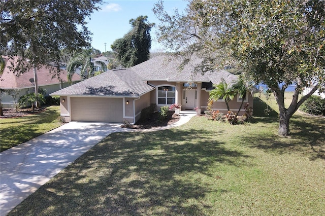 ranch-style house with stucco siding, a shingled roof, a garage, driveway, and a front lawn