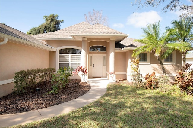 doorway to property with a lawn, stucco siding, and roof with shingles