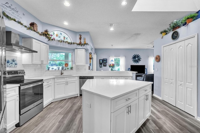 kitchen featuring a sink, stainless steel appliances, wall chimney range hood, light wood-type flooring, and backsplash