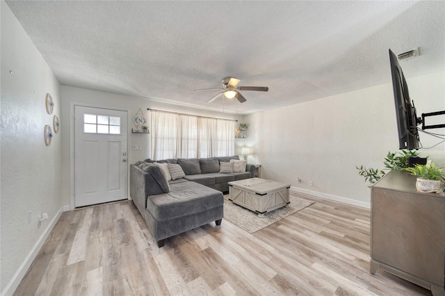 living area featuring light wood-style flooring, baseboards, visible vents, a ceiling fan, and a textured ceiling