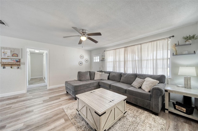 living area featuring a textured ceiling, ceiling fan, light wood-type flooring, and baseboards