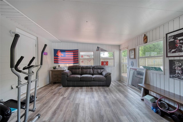 interior space featuring wood walls, wood finished floors, and a wealth of natural light