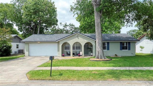 ranch-style home with stucco siding, driveway, central AC unit, and an attached garage