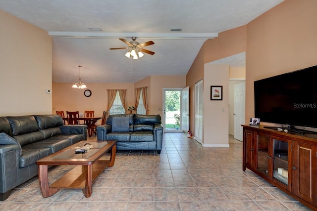 living room with beam ceiling, visible vents, ceiling fan, and baseboards