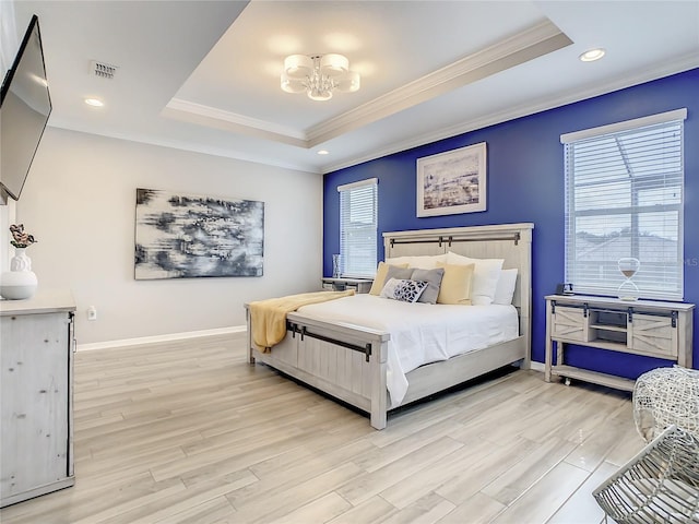 260 Teddy Rushing St, Debary, FL 32713 - bedroom with crown molding, baseboards, a chandelier, light wood-style floors, and a tray ceiling
