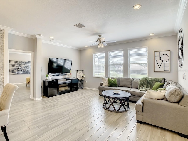 260 Teddy Rushing St, Debary, FL 32713 - living room featuring crown molding, recessed lighting, light wood-style floors, and ceiling fan