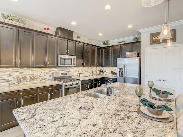 260 Teddy Rushing St, Debary, FL 32713 - kitchen featuring crown molding, dark brown cabinetry, light stone counters, a sink, and stainless steel appliances