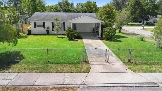 ranch-style house featuring a gate, concrete driveway, a front yard, a fenced front yard, and a carport