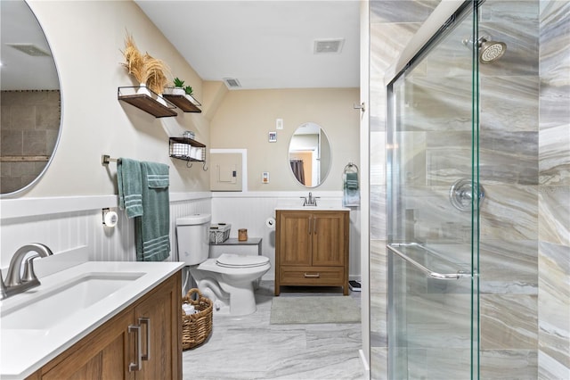 2824 Oak Lea Dr, South Daytona, FL 32119 - bathroom with visible vents, wainscoting, marble finish floor, a sink, and a stall shower