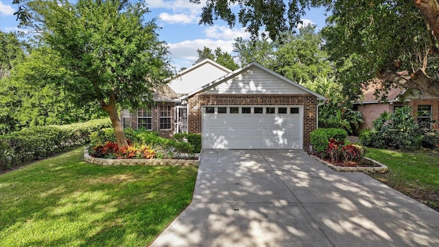 30 Reflections Village Dr, Ormond Beach, FL 32174 - ranch-style house featuring brick siding, a garage, a front lawn, and concrete driveway