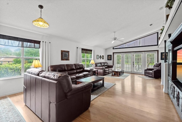 30 Reflections Village Dr, Ormond Beach, FL 32174 - living room featuring a textured ceiling, lofted ceiling, ceiling fan, and light wood-style flooring