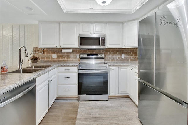 kitchen with light wood finished floors, a sink, stainless steel appliances, white cabinetry, and backsplash