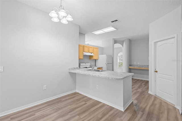 15733 Green Point Ct, Clermont, FL 34714 - kitchen with light wood-style flooring, under cabinet range hood, white appliances, arched walkways, and light countertops