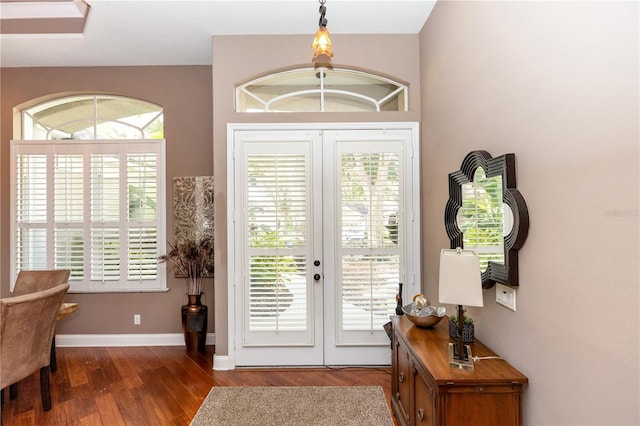 doorway with plenty of natural light, french doors, and wood finished floors