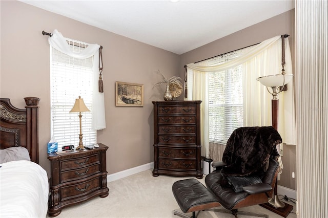 living area with plenty of natural light, baseboards, and carpet floors