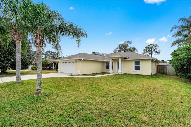 single story home with concrete driveway, an attached garage, fence, and stucco siding