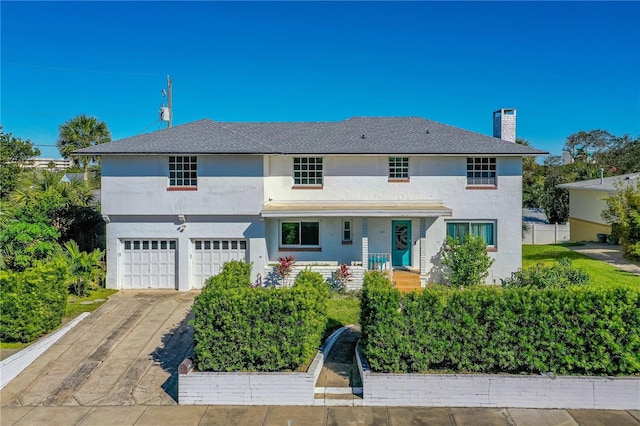 view of front of house with a garage, stucco siding, a chimney, and concrete driveway
