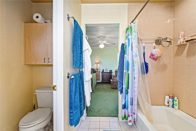 full bath featuring tile patterned flooring, shower / bathtub combination with curtain, toilet, and ceiling fan