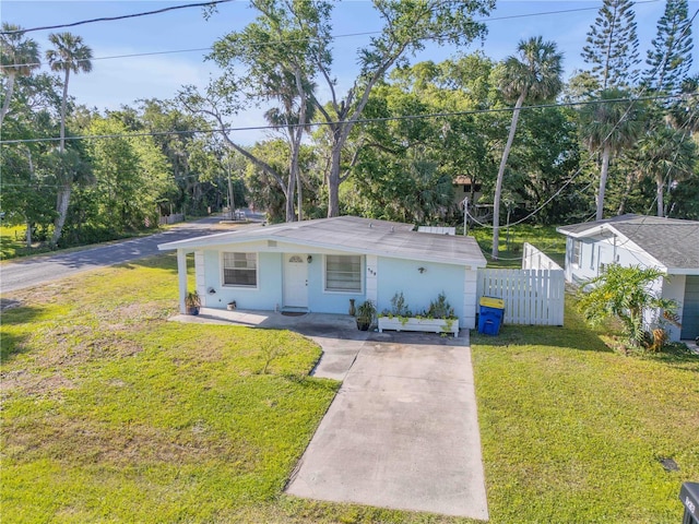 128 Oakridge Ave, Edgewater, FL 32132 - ranch-style home with stucco siding, fence, driveway, and a front lawn