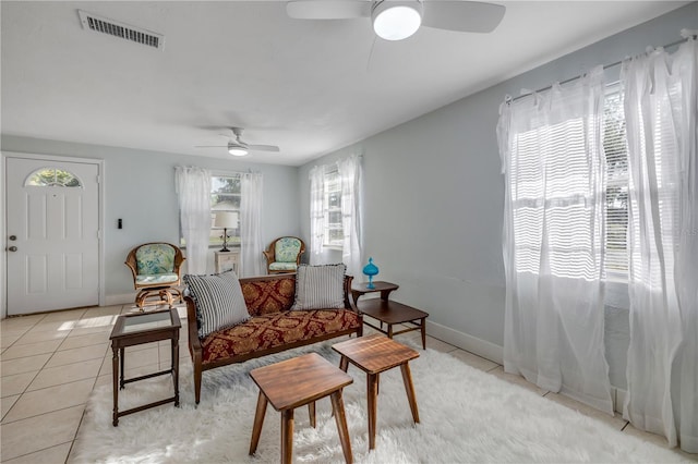 128 Oakridge Ave, Edgewater, FL 32132 - sitting room featuring visible vents, a ceiling fan, baseboards, and light tile patterned floors