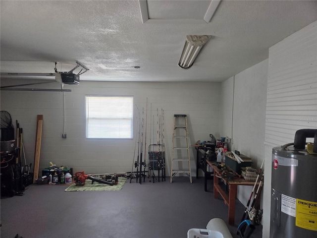 garage featuring concrete block wall, a garage door opener, and water heater