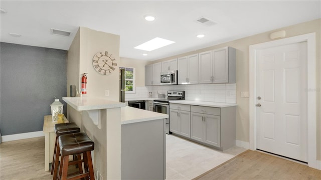 88 Valencia Dr, Ormond Beach, FL 32176 - kitchen featuring appliances with stainless steel finishes, a kitchen bar, a peninsula, gray cabinets, and backsplash