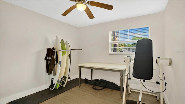 88 Valencia Dr, Ormond Beach, FL 32176 - workout area featuring wood finished floors, baseboards, and a ceiling fan