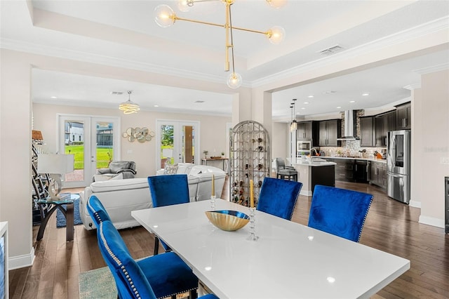 163 Rosa Bella Vw, Debary, FL 32713 - dining room featuring ornamental molding, french doors, recessed lighting, visible vents, and dark wood-style floors