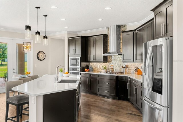 163 Rosa Bella Vw, Debary, FL 32713 - kitchen featuring ornamental molding, wall chimney range hood, a sink, dark wood finished floors, and appliances with stainless steel finishes