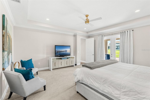 163 Rosa Bella Vw, Debary, FL 32713 - bedroom featuring light colored carpet, access to exterior, french doors, baseboards, and a tray ceiling