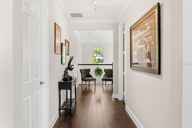 163 Rosa Bella Vw, Debary, FL 32713 - hallway featuring visible vents, dark wood finished floors, crown molding, and baseboards