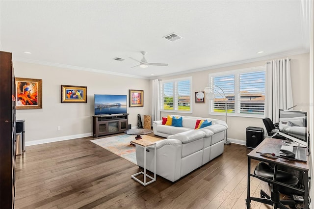 163 Rosa Bella Vw, Debary, FL 32713 - living room featuring crown molding, baseboards, ceiling fan, and visible vents