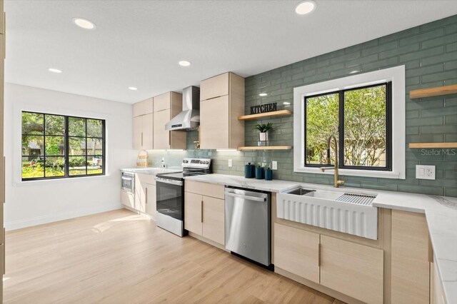 kitchen with stainless steel appliances, a wealth of natural light, a sink, and wall chimney exhaust hood