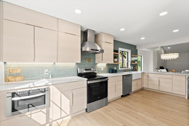 kitchen with decorative backsplash, a peninsula, modern cabinets, wall chimney range hood, and stainless steel appliances