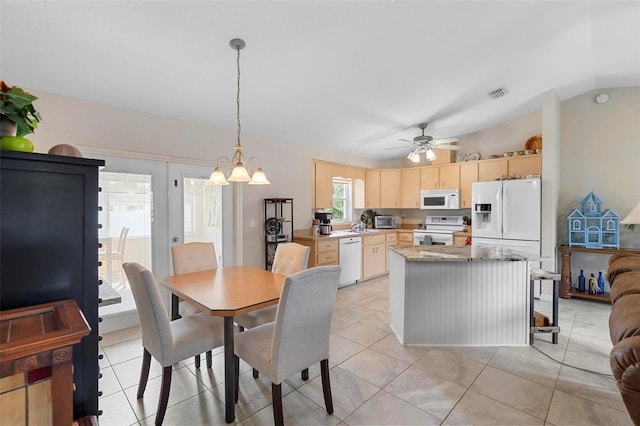 1715 Queen Palm Dr, Edgewater, FL 32132 - kitchen featuring white appliances, light brown cabinetry, lofted ceiling, a ceiling fan, and hanging light fixtures